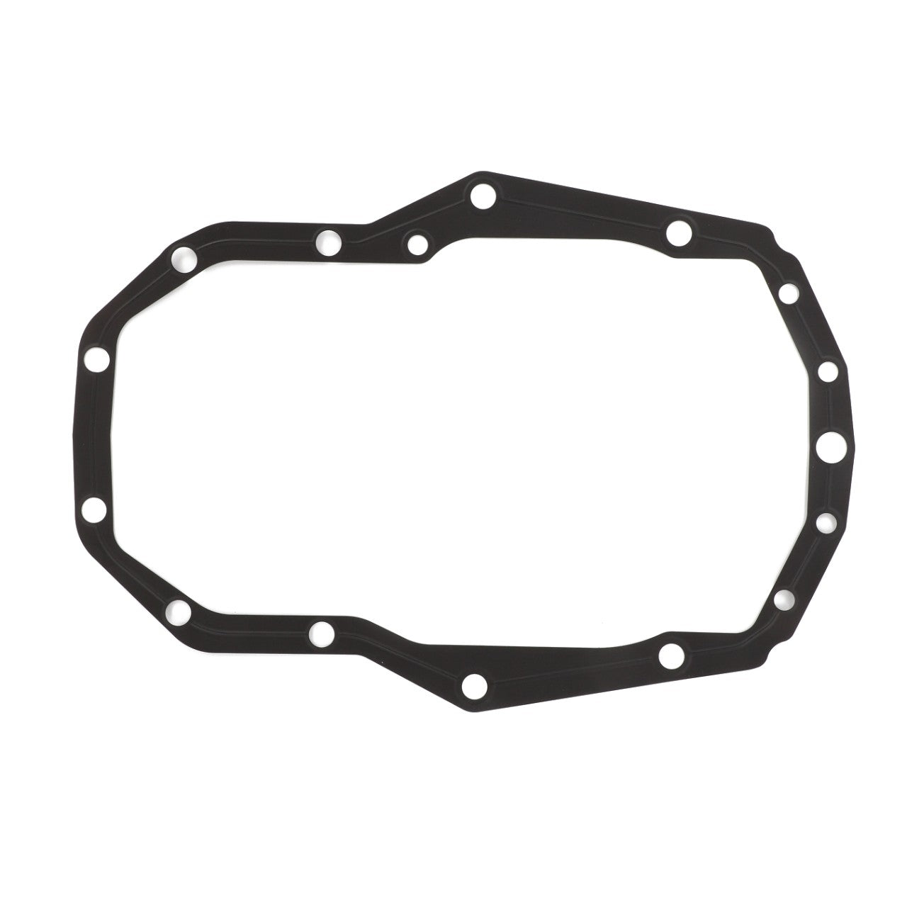 The AGCO Gasket, Hydraulic Lift Cover - 4304438M2 is a black, irregularly-shaped rubber gasket featuring multiple bolt holes around the perimeter, making it ideal for use with genuine seals and gaskets on Massey Ferguson Models.