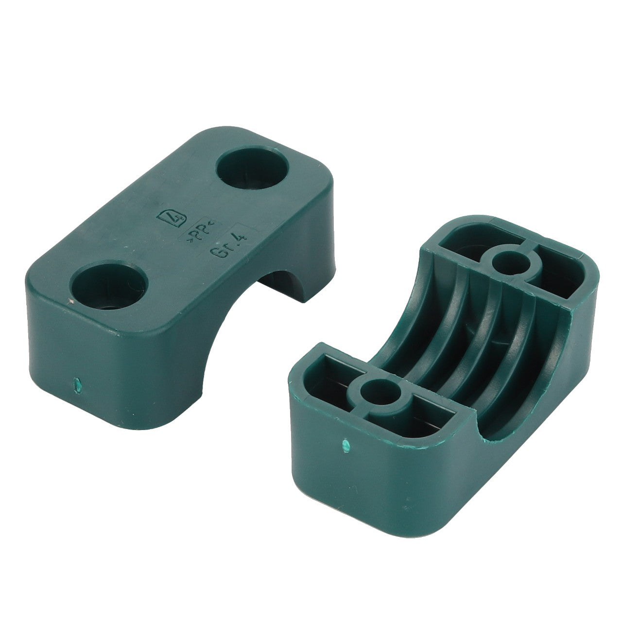 Two AGCO | CLAMP - D45738200 green plastic U-shaped pipe clamps, one facing upward and the other downward, each with convenient screw holes on the sides for secure installation.