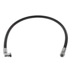 A black flexible hose, AGCO | HYDR. HOSE - AL1103430, featuring metal fittings on both ends, one of which is elegantly bent at a right angle.