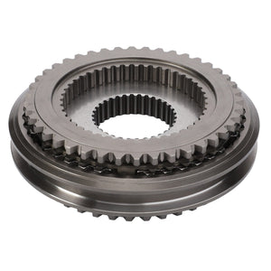 The AGCO Synchro Unit - 3771350M91 is a metallic circular gear made from special grade steel, featuring interlocking teeth and an inner ring of small ridges.