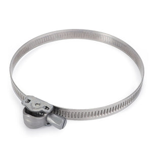 The AGCO | Clamp - 4379604M1 is a stainless steel hose clamp with a screw mechanism for tightening, ideal for your Massey Ferguson. Its circular design features a ridged band and a small housing containing the screw, ensuring secure connections every time.