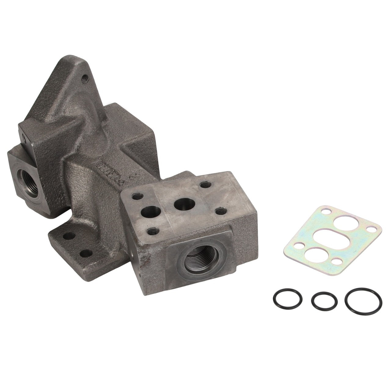 An AGCO Bracket Kit - Acp0363010, featuring a metal hydraulic adapter block with three O-rings and a flat gasket placed neatly beside it.