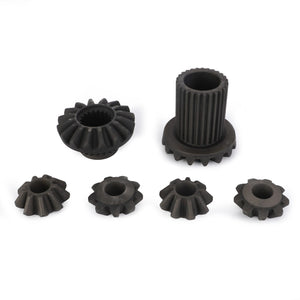 A set of six black metal bevel gears from AGCO, arranged on a white background, featuring the Differential Gear Wheel - F718301020130.