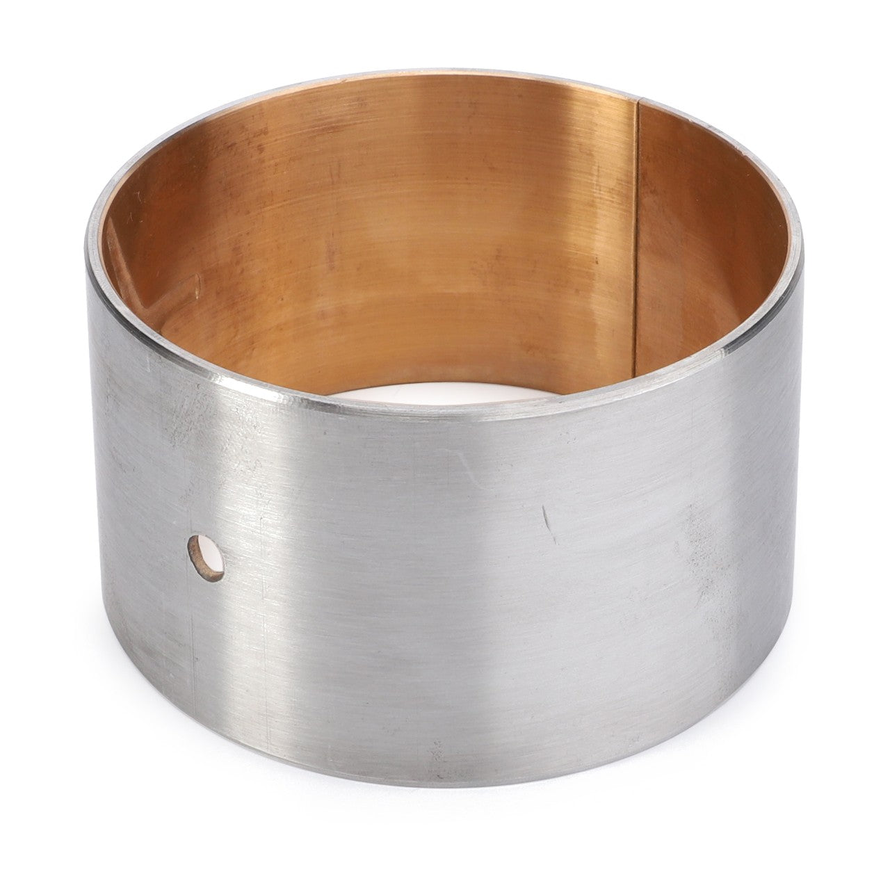 The AGCO | Bush - 3426028M2 is a cylindrical metal bushing with a smooth, polished exterior surface and a small hole on the side. Suitable for Valtra models, its interior appears to be copper-colored.