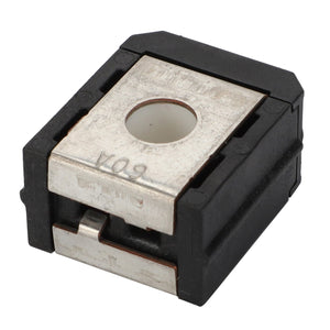 The AGCO | Fuse - Acx2885460 is a small, rectangular black and silver electronic component featuring a central hole and top markings reading "50A." No further product description information is available at this time.