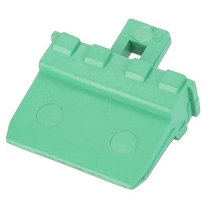 A small green plastic latch with a handle and rectangular attachments, identified as the AGCO Connector - AG520988, does not have any current product description information available.