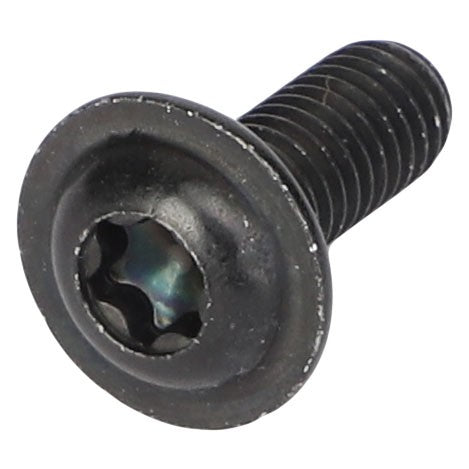 Close-up of an AGCO Button Head Screw - Acw1420750 in black, featuring a distinctive six-point star-shaped recess.