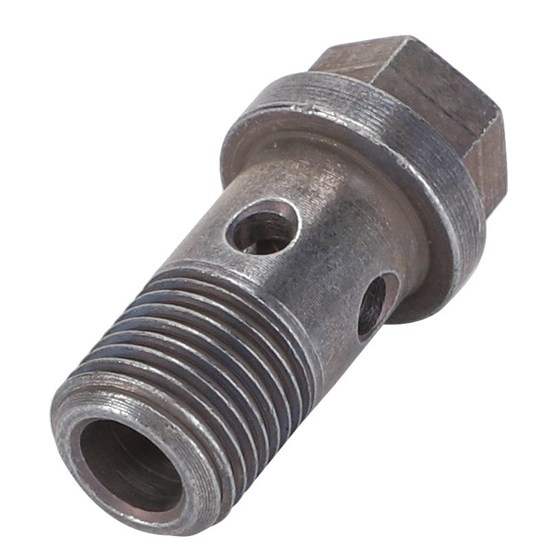 The AGCO | Banjo Bolt - F100002231136 is a metal threaded hydraulic component featuring multiple holes, efficiently designed to connect fluid lines.