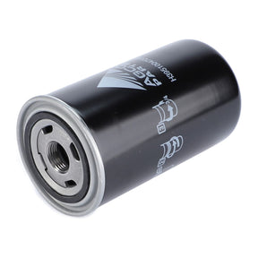 The AGCO Hydraulic Filter Cartridge - H395100470140 is a black cylindrical oil filter with metallic ends, featuring white symbols and text printed on the surface, ensuring hydraulic components protection and increased equipment service-life.