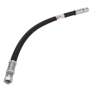 The AGCO Hydraulic Hose - Acp0003230, a flexible black rubber hose designed for durability and strength, curves gracefully in an arc and features durable metallic connectors at both ends.