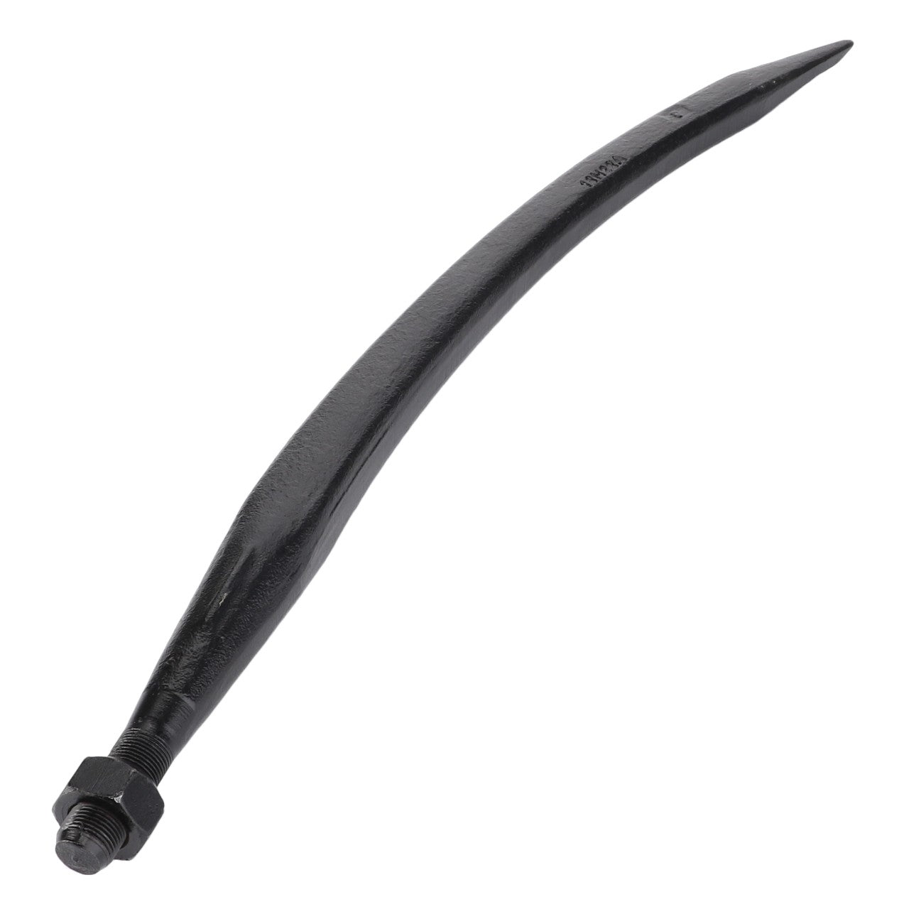 The AGCO Tooth - Acp0293620, a black, curved metal pry bar with a pointed end and a threaded bolt at the other end, stands proudly against a white background. No current product description available for this product.