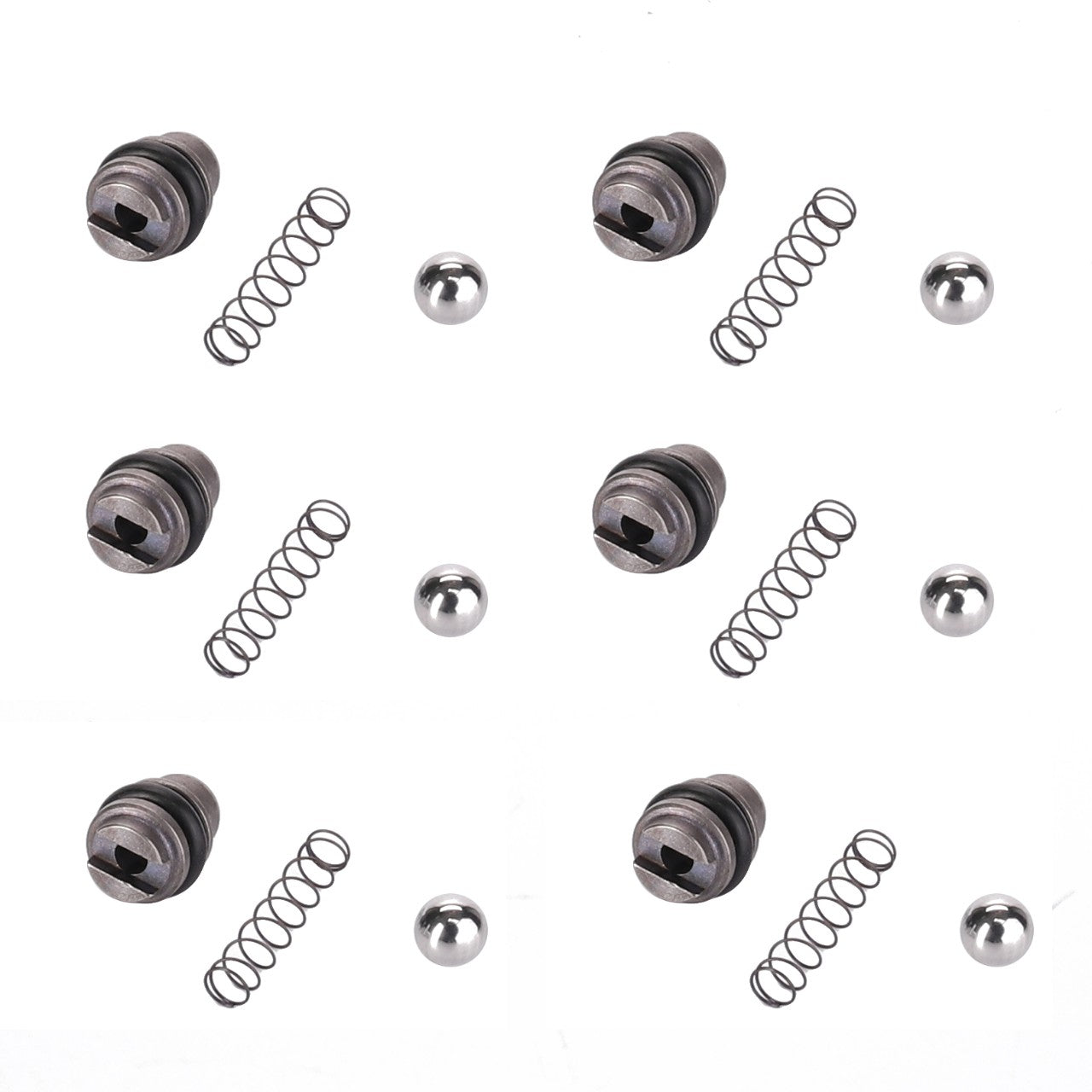 Six sets of metal components, featuring AGCO's VALVE - AL5034117 with hexagonal nuts, springs, and balls, are meticulously arranged in a grid pattern on a pristine white background.