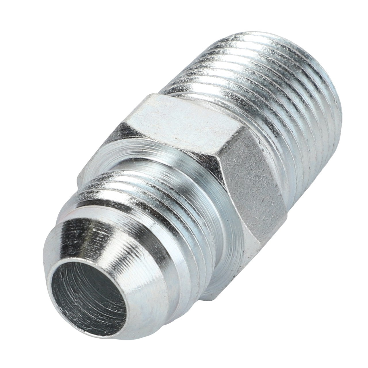 A close-up of the AGCO Adapter Fitting - Acp0011400, showcasing its metallic threaded design with a hexagonal middle section and a conical end, specifically engineered for connecting two sections of pipe. No current product description available.