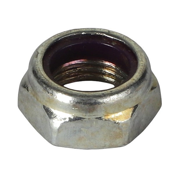 A close-up image of the AGCO | NUT - AG712503, a hexagonal metal nut with a threaded inner hole from the brand AGCO.