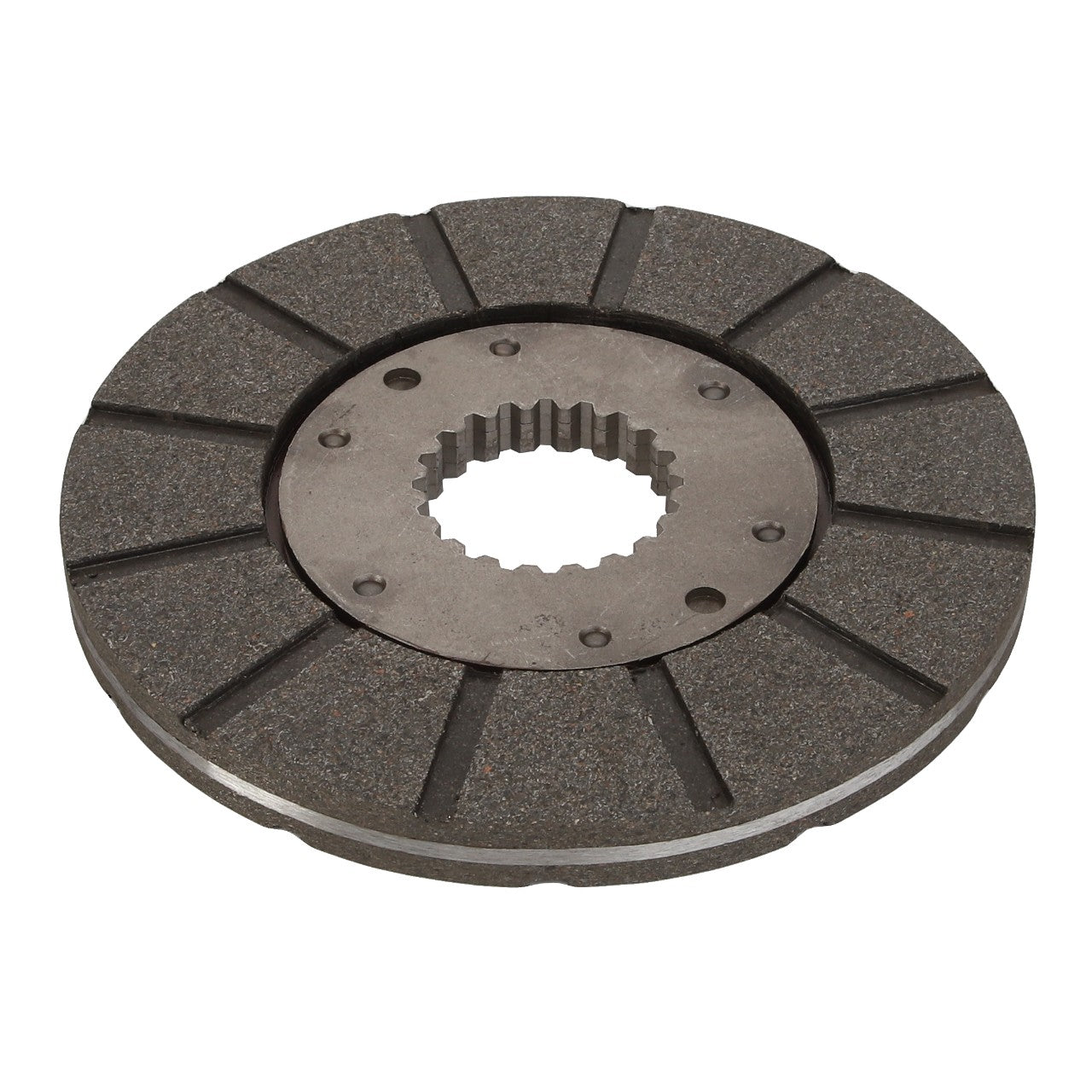 The AGCO Brake Disc - D46100752 is a circular metal disc featuring a grooved pattern and a central hole with inner teeth, similar to a clutch plate or gear component. Currently, there is no product description information available for this item.