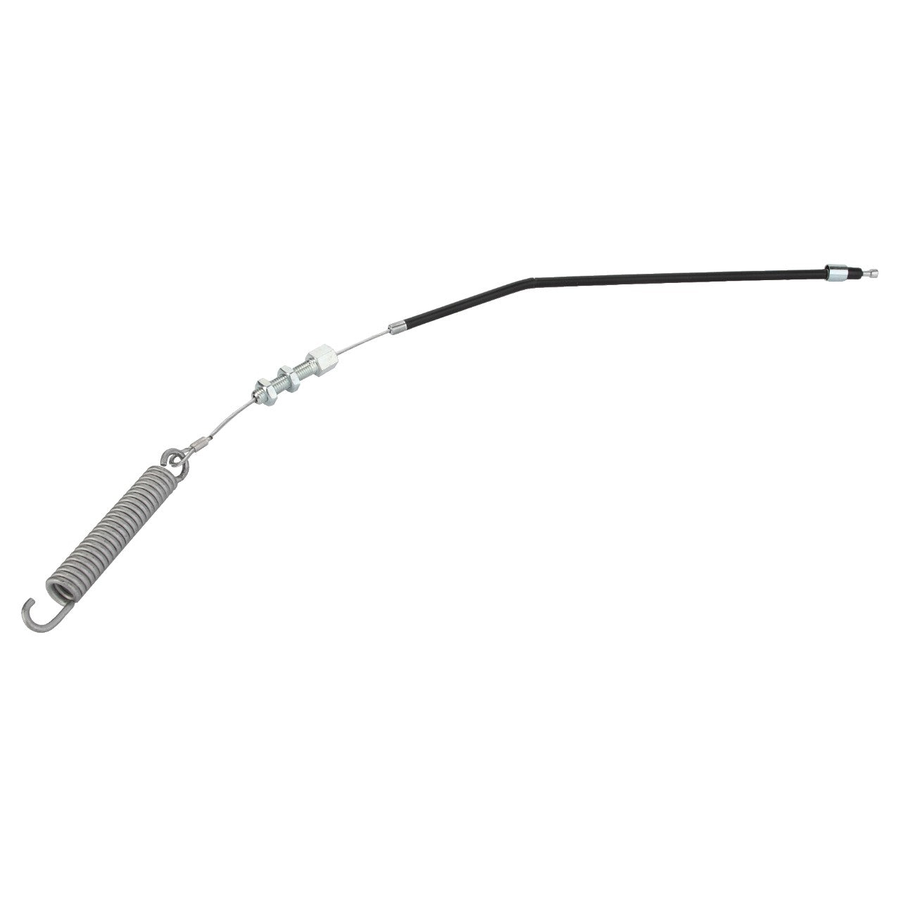 An isolated image of the AGCO | CABLE - CG3820046012, a mechanical cable assembly from AGCO, featuring a coiled spring at one end and a cylindrical connector at the other, encased in a durable black protective sheath.