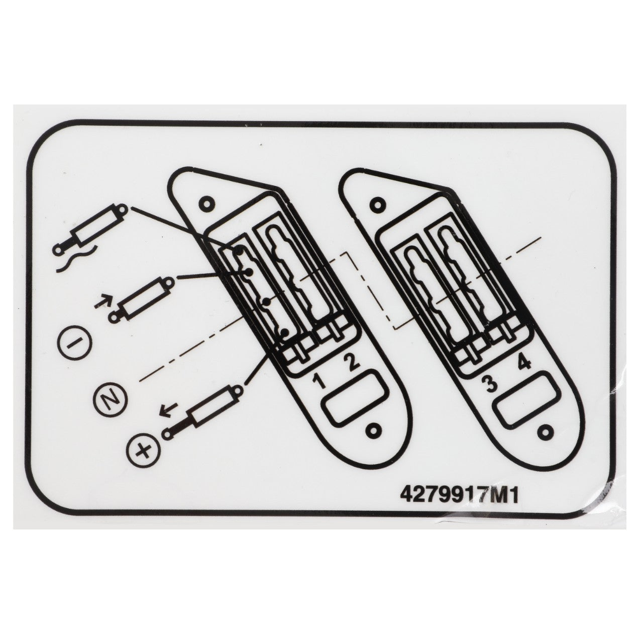 Diagram showing instructions for inserting four batteries into a device, indicating proper orientation with positive and negative signs. Product: AGCO | Decal - 4279917M1. Brand: AGCO.