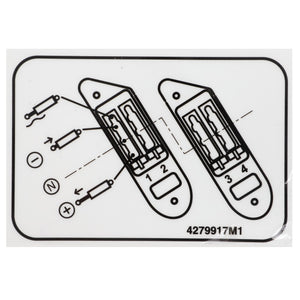 Diagram showing instructions for inserting four batteries into a device, indicating proper orientation with positive and negative signs. Product: AGCO | Decal - 4279917M1. Brand: AGCO.