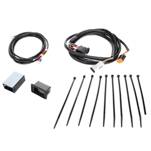 No product description for the AGCO | SELECTOR - AL5033992 from AGCO currently includes a wiring harness kit with two bundles of cables, two connectors, a metallic component, a small black box, and eleven black zip ties arranged on a white background.