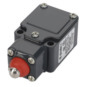 The AGCO | Switch - La320932100 is a black industrial control switch with a prominent red actuator button and four mounting screws. Detailed labeling and certification markings are visible on its side.