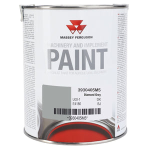 A 1-liter can of AGCO Mf Diamond Grey (product code: 3930405M5) enamel paint, perfect for metal surfaces such as tractors, with a clearly visible barcode and detailed product information on the label.