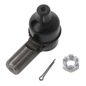 Image of the AGCO Tie Rod End - Acw1105600 by AGCO, featuring a black automotive tie rod end with a threaded shaft, accompanied by a cotter pin and a castle nut.