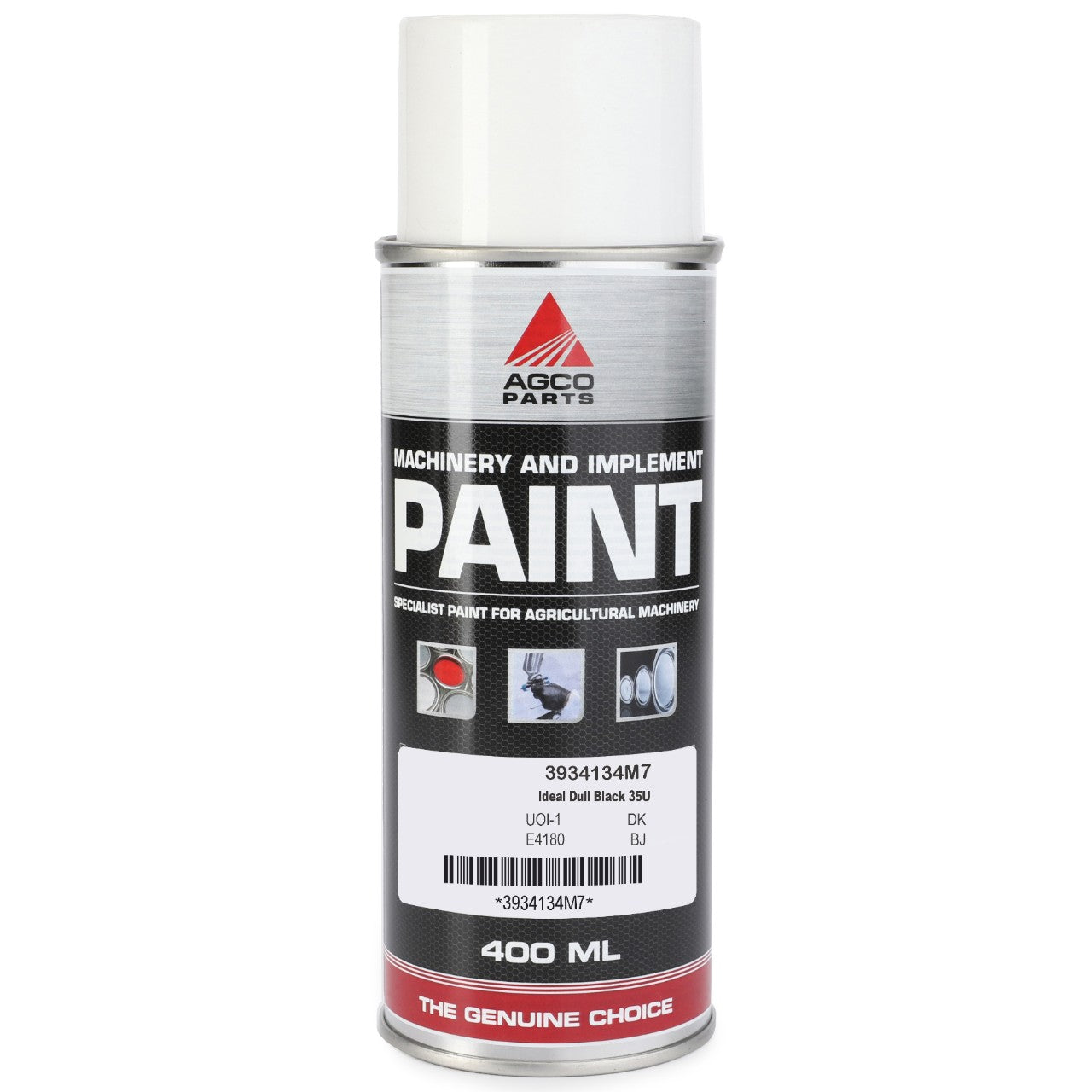 A 400 ml can of AGCO Parts Ideal Dull Black 35U aerosol paint, SKU 3934134M7. The label indicates it is perfect for quick-drying touch-up paint on metal surfaces and has UOH 7Q1, E4180, BJ.