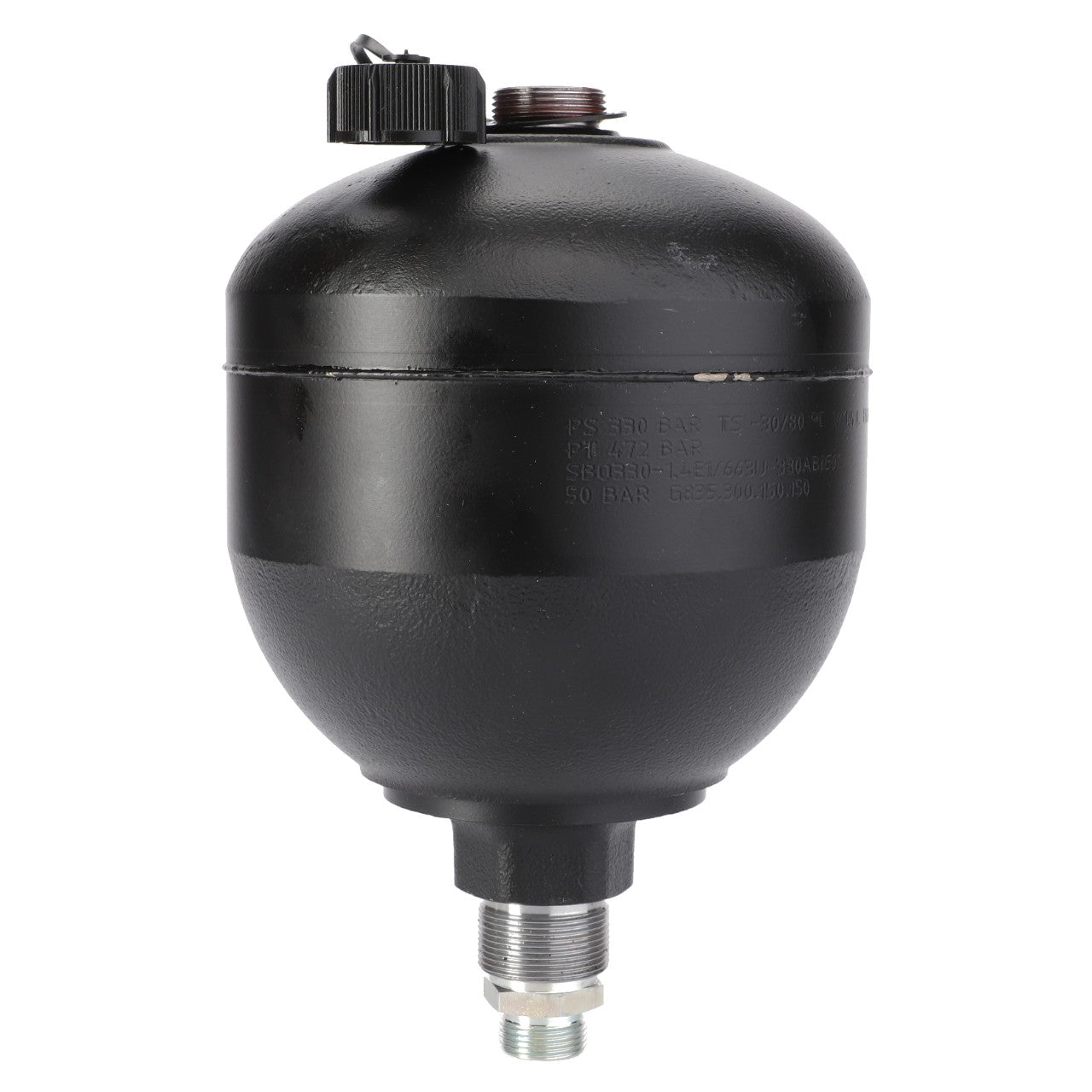 The AGCO Diaphragm Accumulator, 1.4 L - G835300150150, is a black pressure tank with a threaded connection and cap on top, commonly used in Fendt Vario S4 systems as hydraulic accumulators.