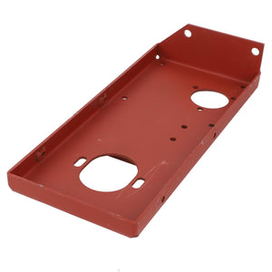 AGCO's BRACKET - D28282283 is a rectangular red metal panel with rounded edges, featuring two large circular cutouts and several smaller holes along its surface. No current product description information available.