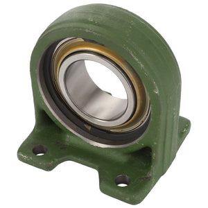 The AGCO | BEARING - D26737040 is a housed bearing unit with a green housing and a metal bearing insert, featuring a base with mounting holes. No current product description information available.