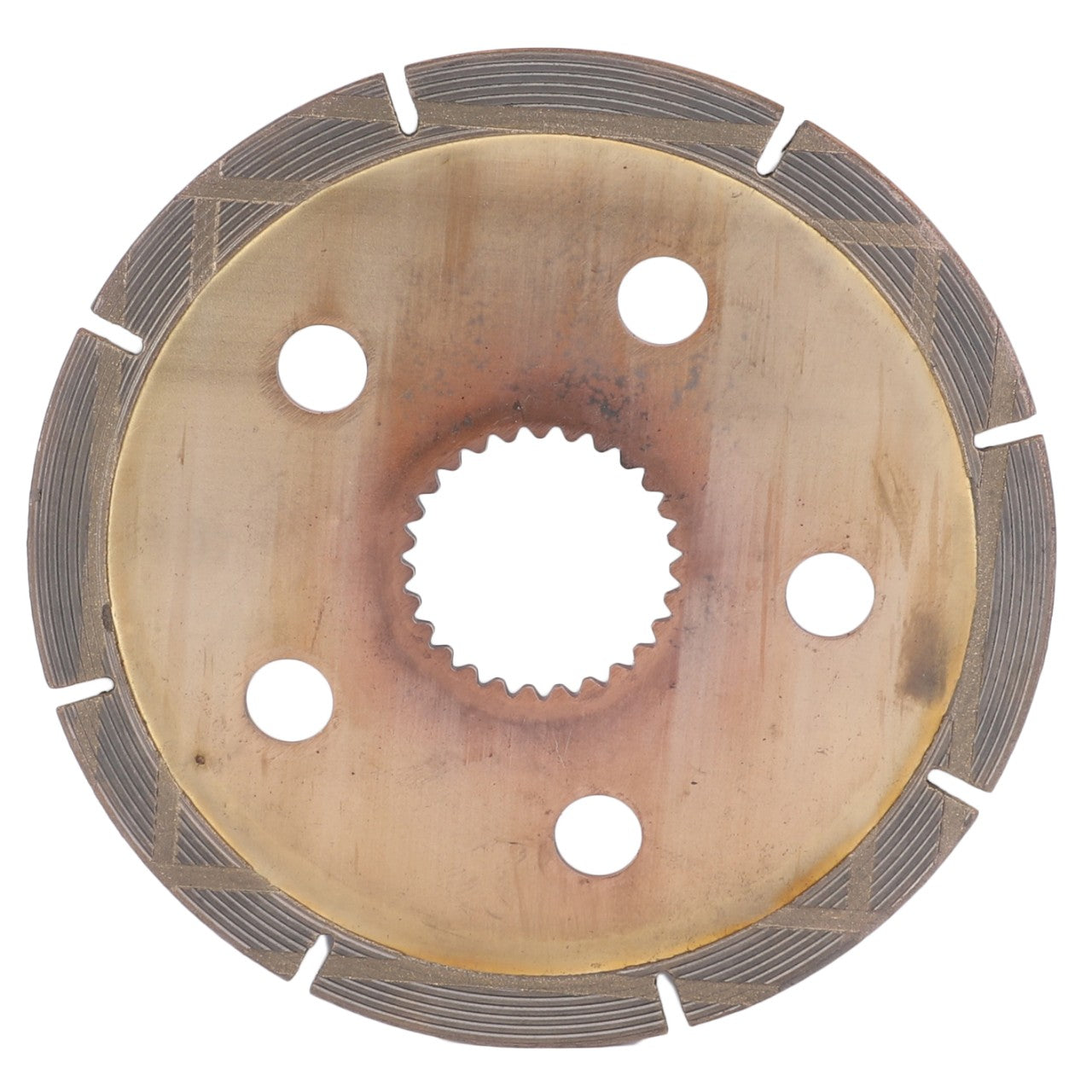 Close-up of the AGCO Brake Disc - V30184800, a circular metal disc with five holes around the inner edge and multiple grooves on the surface, essential components in a high-performance braking system using Genuine AGCO Parts.