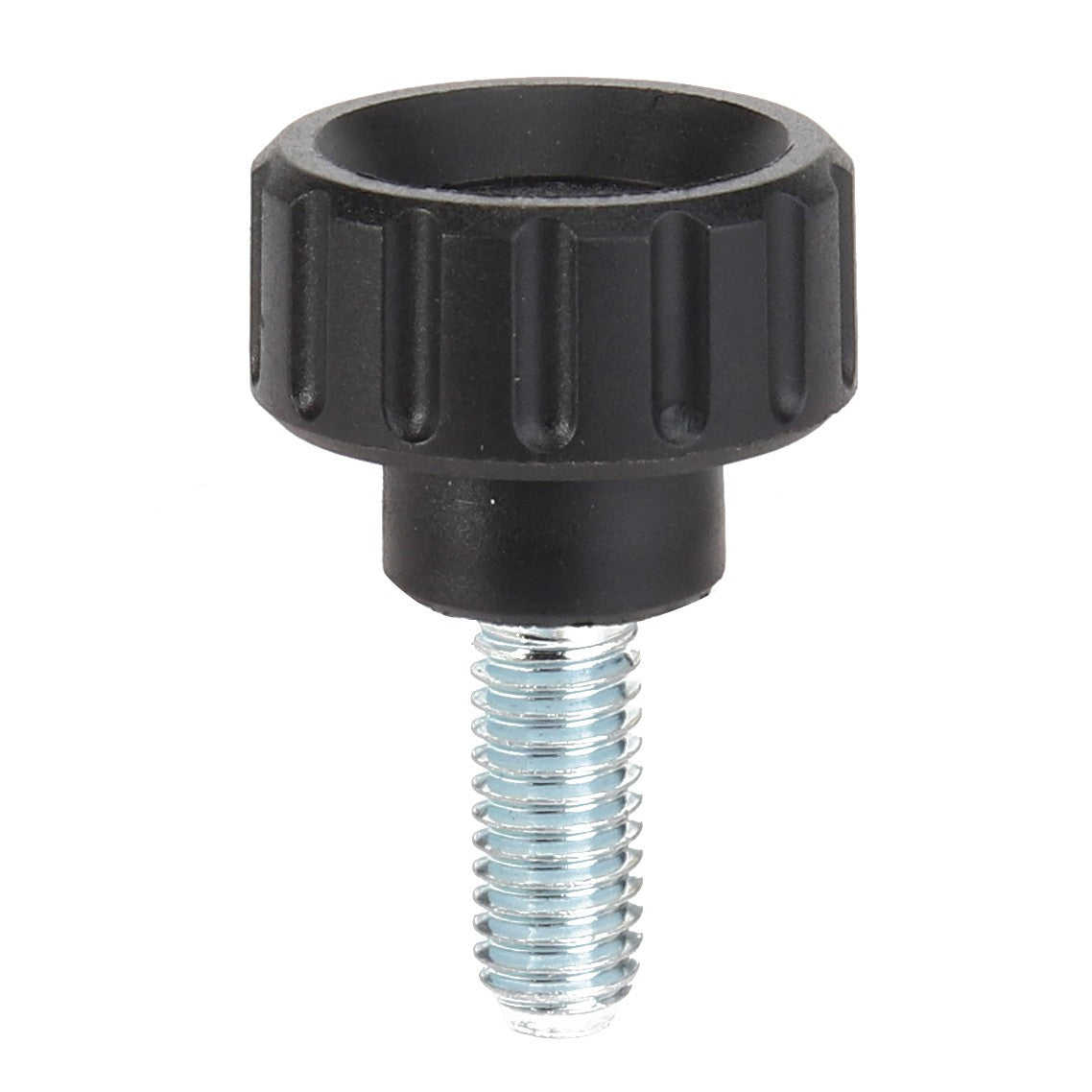 The AGCO KNOB - 0.010.1336.2 is a black plastic, knurled thumb screw with a metal threaded shaft. For queries, contact our support team.