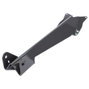 The AGCO Bracket, Upper Link Retainer (716870051251) is a black metal component with multiple mounting holes, designed with an angled structure and two flanges at each end, making it ideal for hitch and linkage applications on Fendt Vario models.