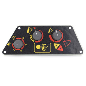 A black control panel featuring three rotary knobs and various graphical symbols in red and yellow, specifically designed for MF 4WD Massey Ferguson models under the product name AGCO | Electron Console Elc 5400 - 3784084M93.