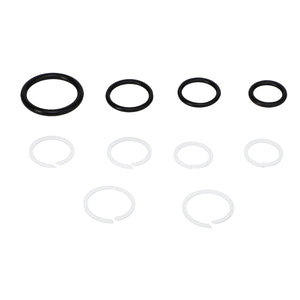 Five black O-rings from the AGCO O-RING KIT - AG716814 and five white split rings arranged in two rows on a white background, showcasing precision performance and the best fit.