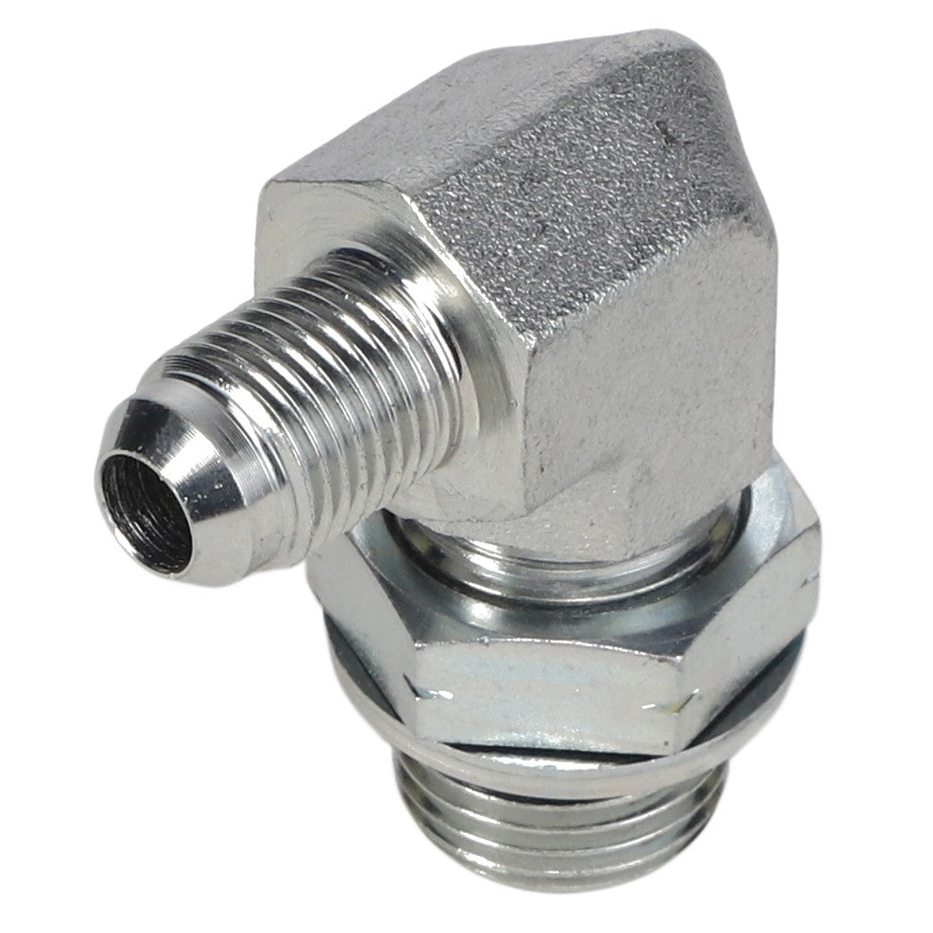 The AGCO | ELBOW - AG517522 is a metal 90° elbow pipe fitting with threaded ends and a male O-ring, designed for connecting two pipes at a right angle.