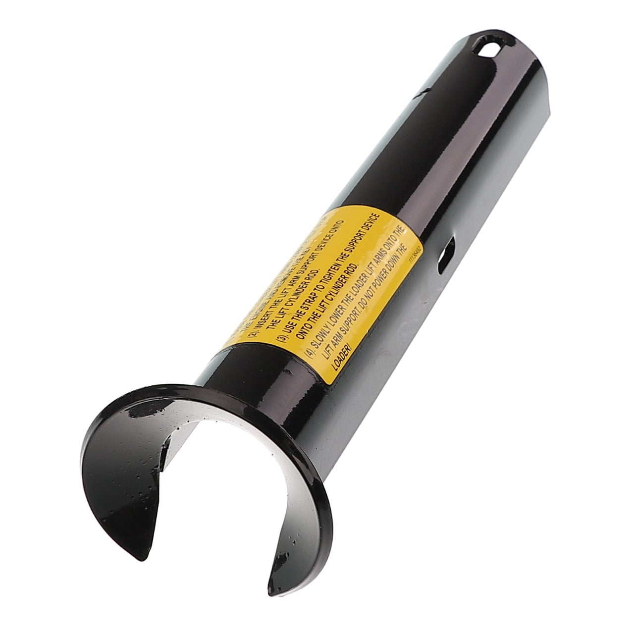 The AGCO | GUARD - AL251224 is a cylindrical black steel tool that includes a yellow warning label. It features a U-shaped cutout at one end and a hole at the opposite end, designed for maintenance or installation use. No current product description information is available.