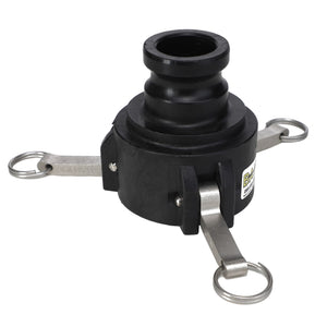 The AGCO | COUPLING - AG428653 is a black plastic camlock coupling featuring metal clasps on three sides and a threaded opening on top. The clasps, equipped with attached rings for securing, ensure a secure fit similar to cam lever couplings.