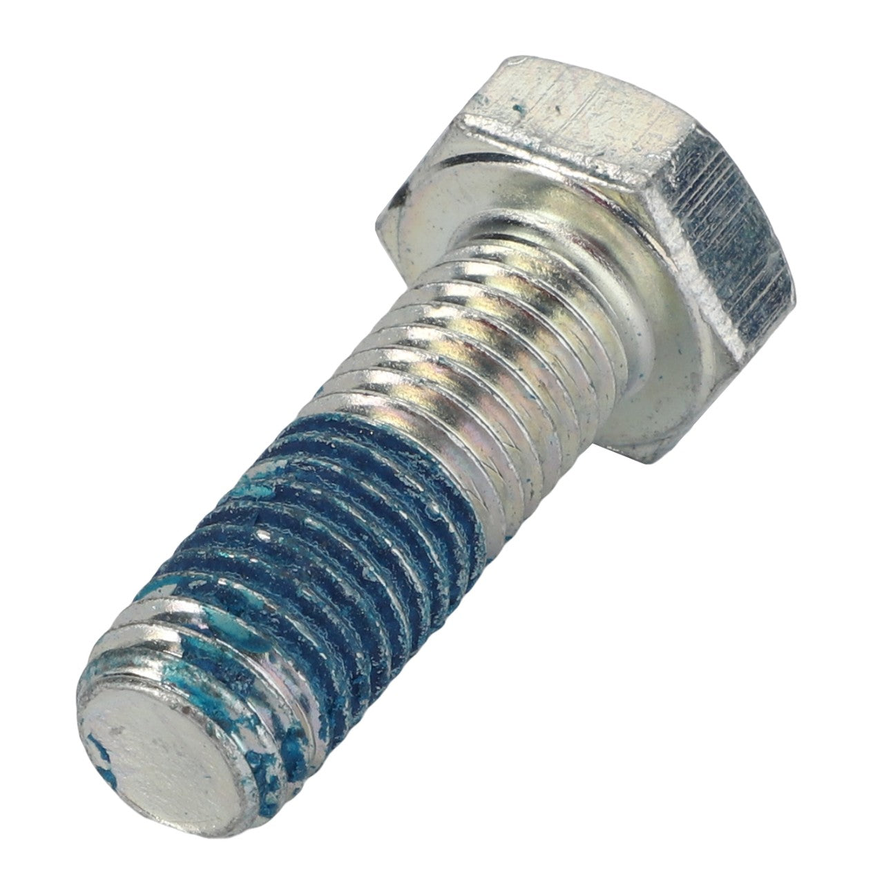 Close-up of an AGCO | HEXAGONAL HEAD BOLT - 0901-30-89-00, prominently featuring blue thread-locking compound on its lower threads, ensuring secure fastening.