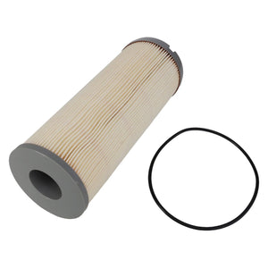 The AGCO Fuel Filter - ACP0347260 is a cylindrical, pleated air filter with gray plastic end caps, designed for use with a black rubber O-ring and suitable for Valtra and Massey Ferguson tractors.