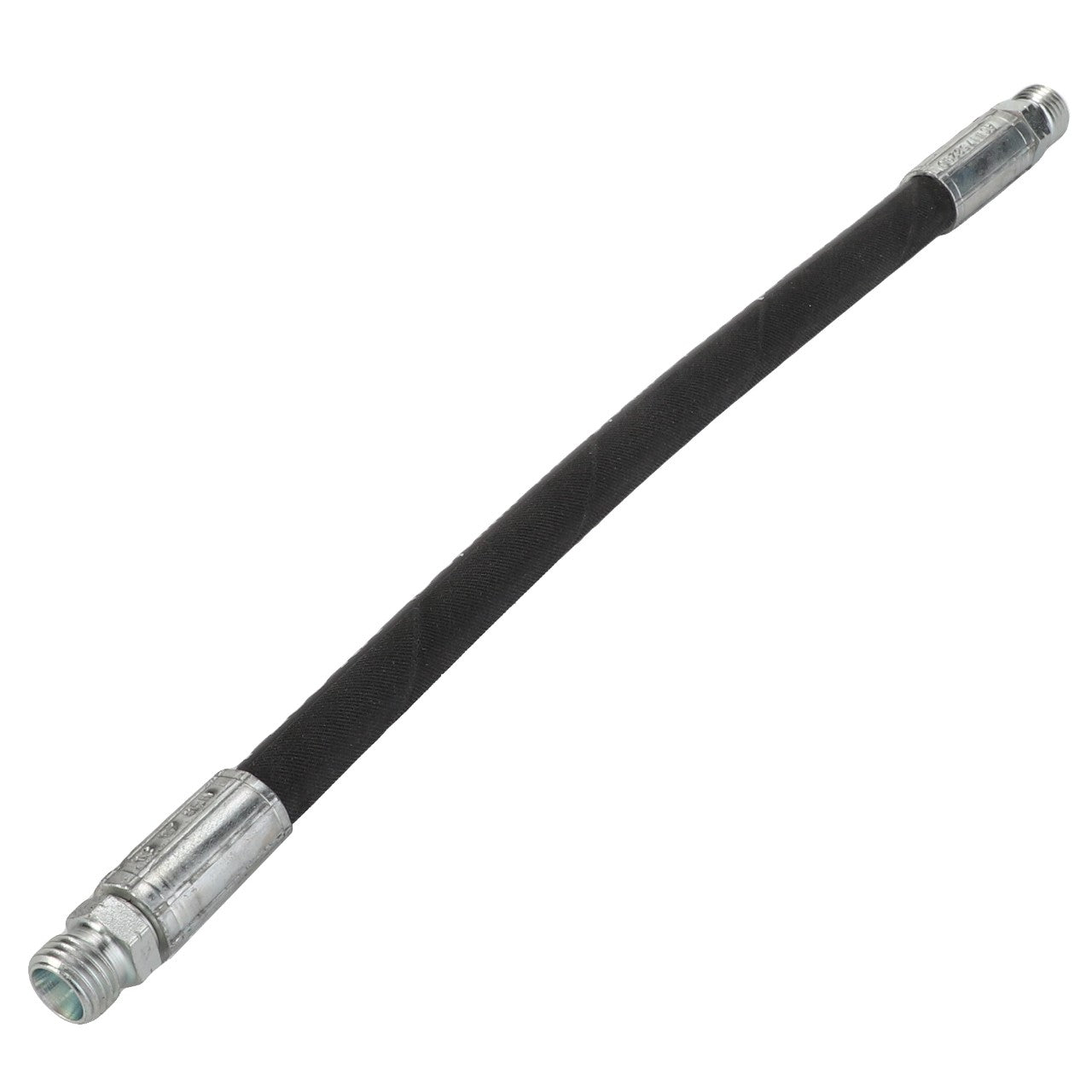 The AGCO Hydraulic Hose - Acw1758290 is a flexible black hose featuring metal fittings on both ends, ideal for connecting components in mechanical or hydraulic systems. Currently, there is no additional product description information available.