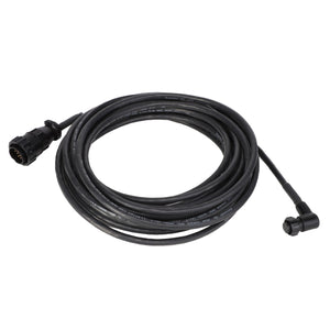 The AGCO | WIRE HARNESS - AG610787 is a coiled black electrical cable featuring a cylindrical connector on one end and an L-shaped connector on the other.