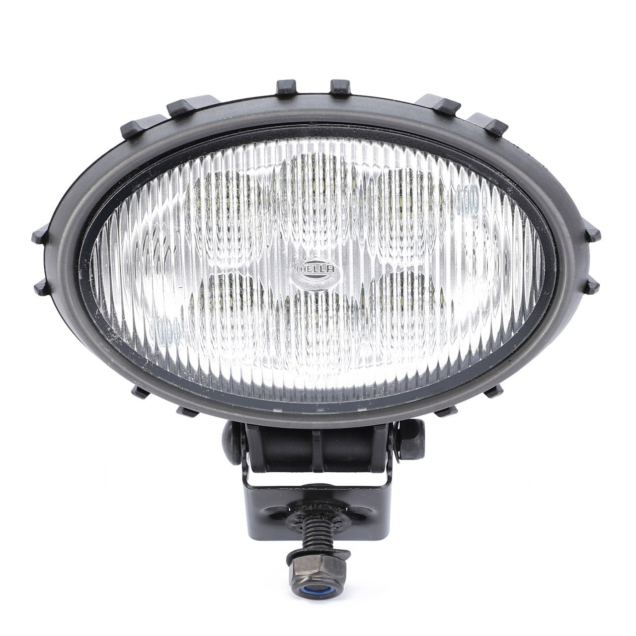 The AGCO | Work Light, LED - ACW3783570 is a round, black automotive fog light with a ribbed glass lens that ensures optimal visibility and features mounting hardware attached at the bottom.