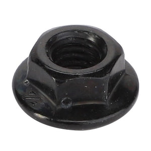 The AGCO Hex Flange Nut - Acx2950390, a sleek black nut featuring a threaded interior and a wide, flat flange base, is showcased against a pristine white background.