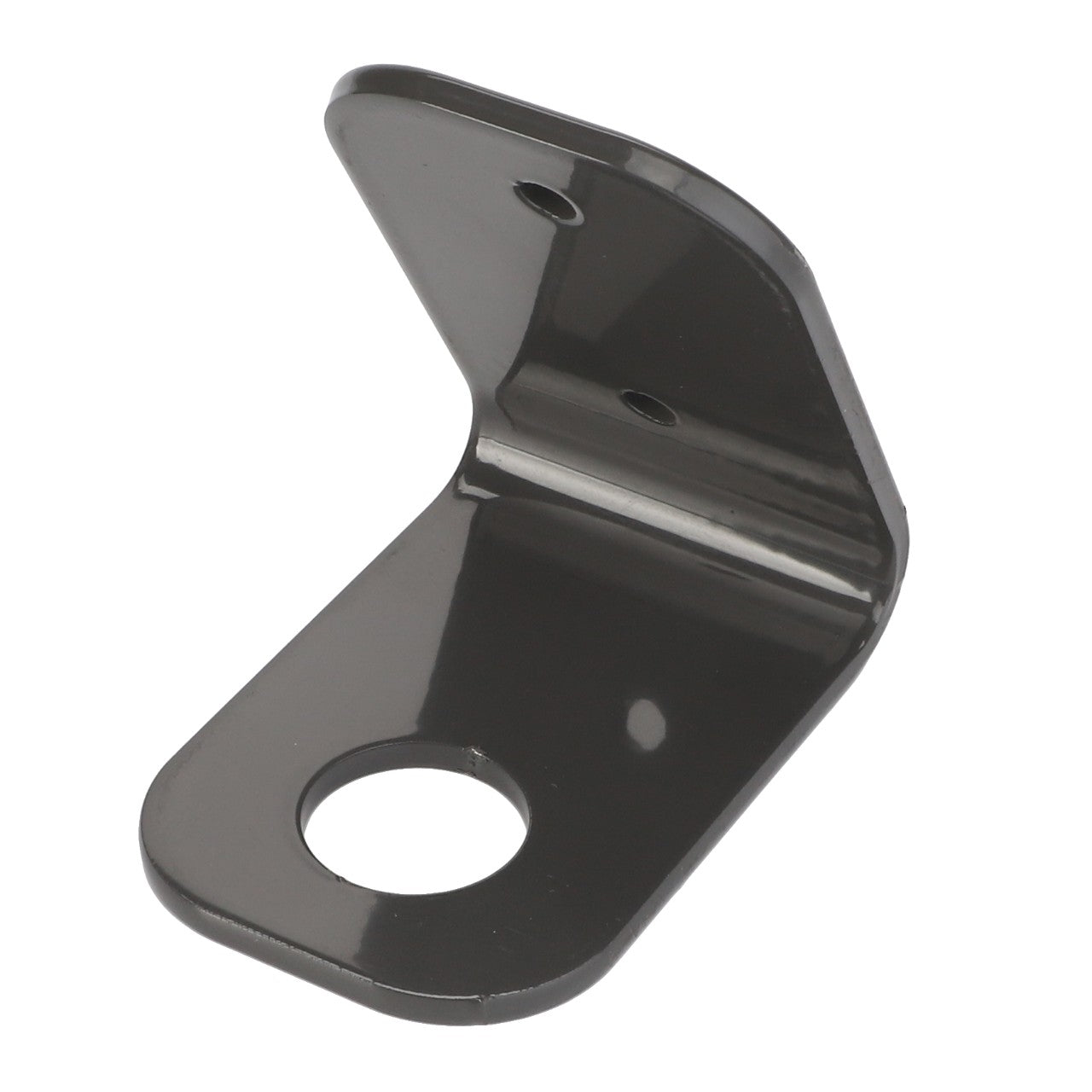 The AGCO Angle - Acw1930610 is a black metal L-bracket featuring three holes, with two on one side and one on the other. Currently, there is no additional product description information available.