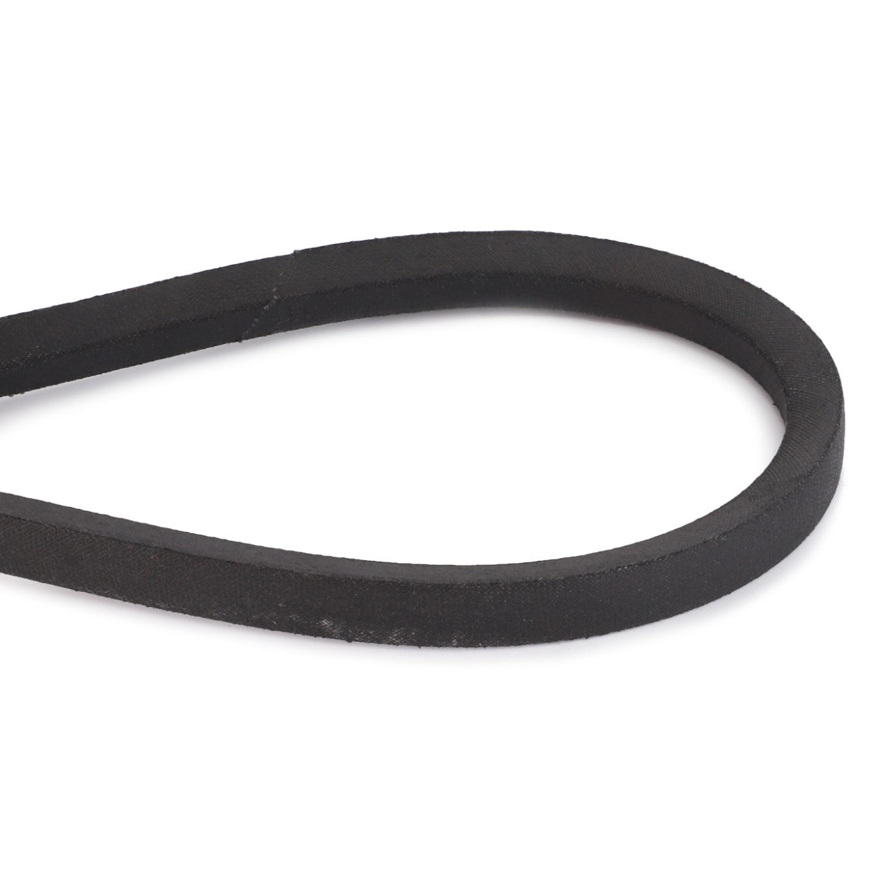 Close-up of a black rubber AGCO Drive Belt, Transmission - 784797M2 looped into a teardrop shape against a white background, ensuring optimal performance.