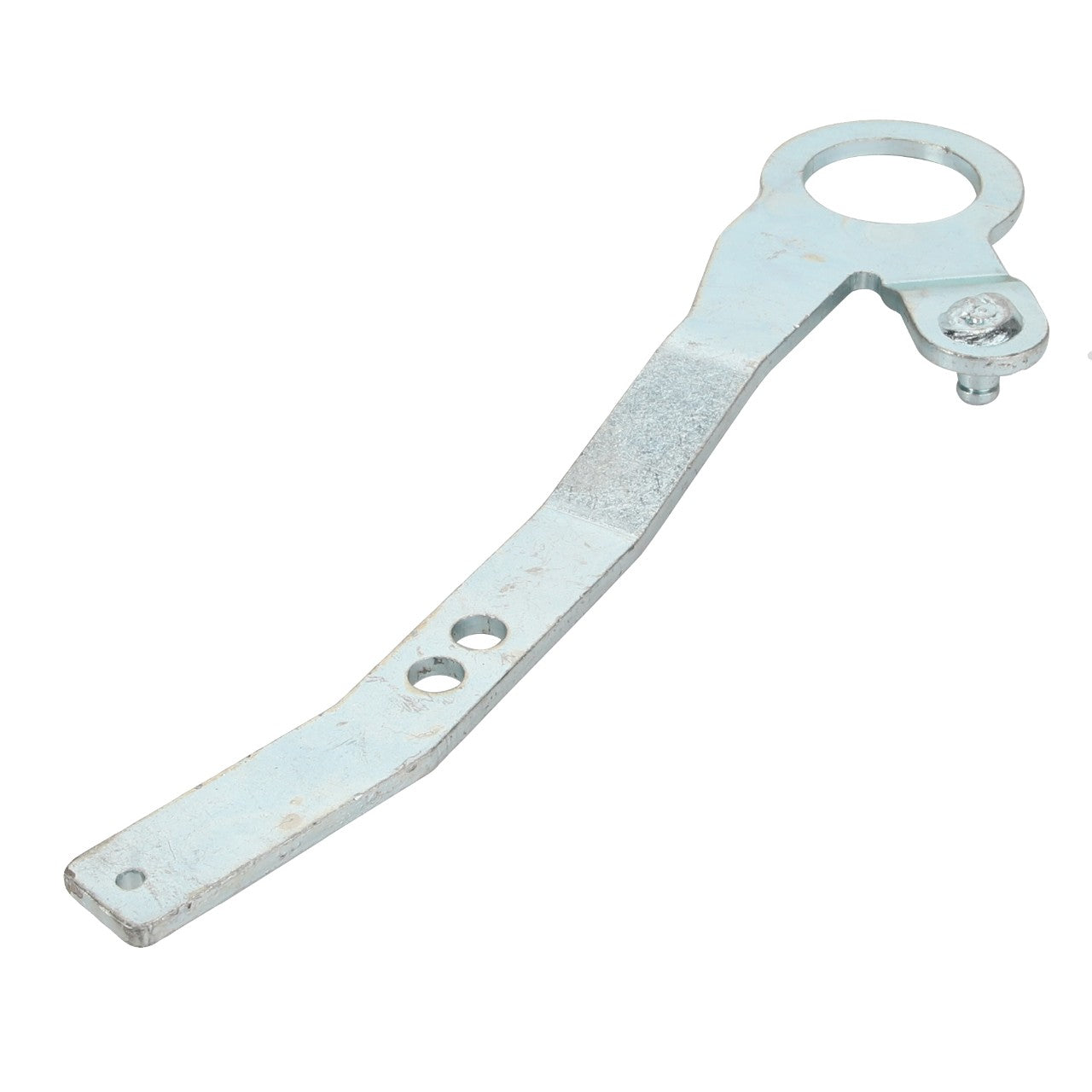 Product Name: AGCO | Lever - Acp0335670
Brand Name: AGCO

Description: The AGCO Lever - Acp0335670 is a metallic, flat tool featuring a looped end and two holes near the opposite end, likely designed for tightening or loosening fasteners.