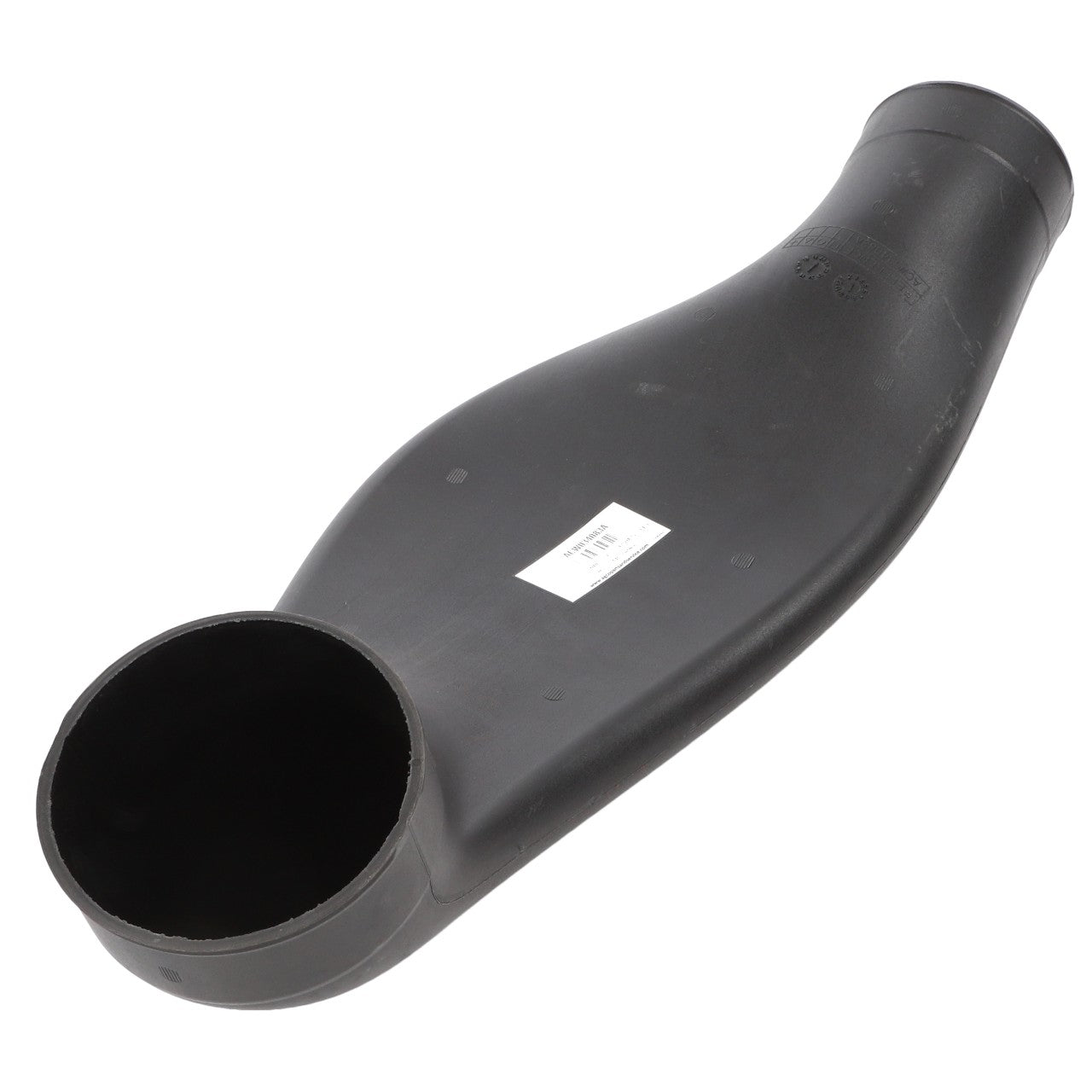 The AGCO Hose - Acw034083A is a black plastic automotive pipe designed with a curved shape, featuring a wide round opening at one end and a tapered end on the opposite side. A small white label is attached near the wider end. No current product description information is available.