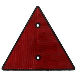 The AGCO | Rear Reflector - Fel151719 is a red triangular reflective safety sign featuring two mounting holes, making it perfectly compatible with Massey Ferguson Models.