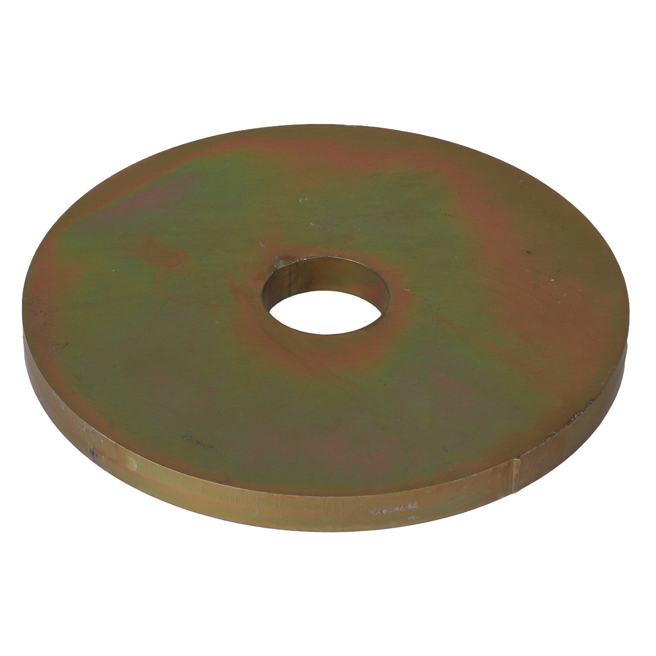 A flat, circular metal disc with a central hole, displaying a tarnished surface. Currently, no product description information is available for the AGCO | WASHER - AG520584 from AGCO.